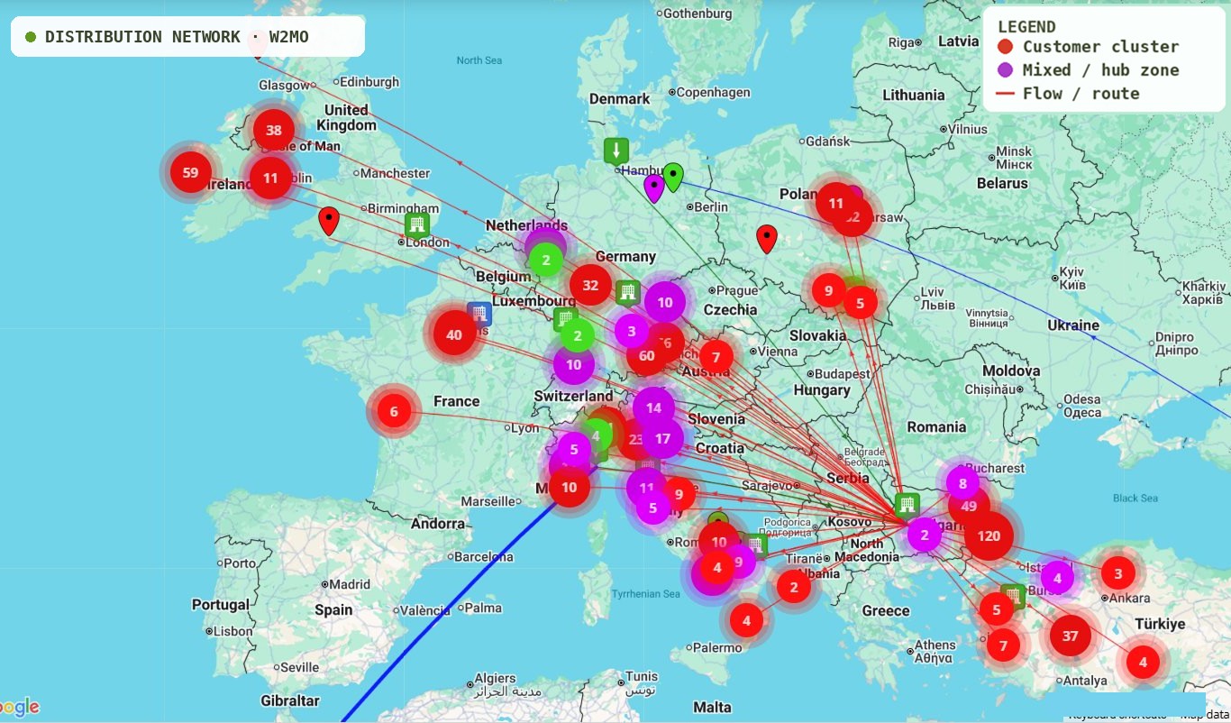W2MO distribution network across Europe — customer clusters, mixed/hub zones and flow routes