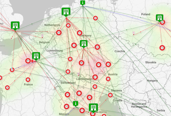 Map of Europe with optimised supply chain flows between distribution centres